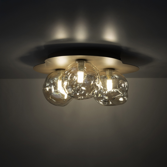 Plafoniera design moderna con 3 sfere in vetro cognac plasmato 